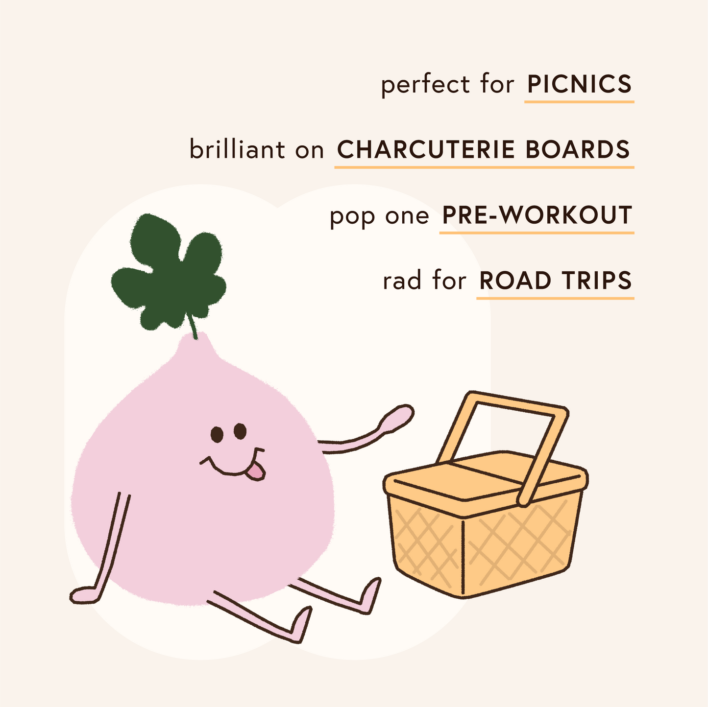 Cartoon Fig character with a picnic basket on a beige background