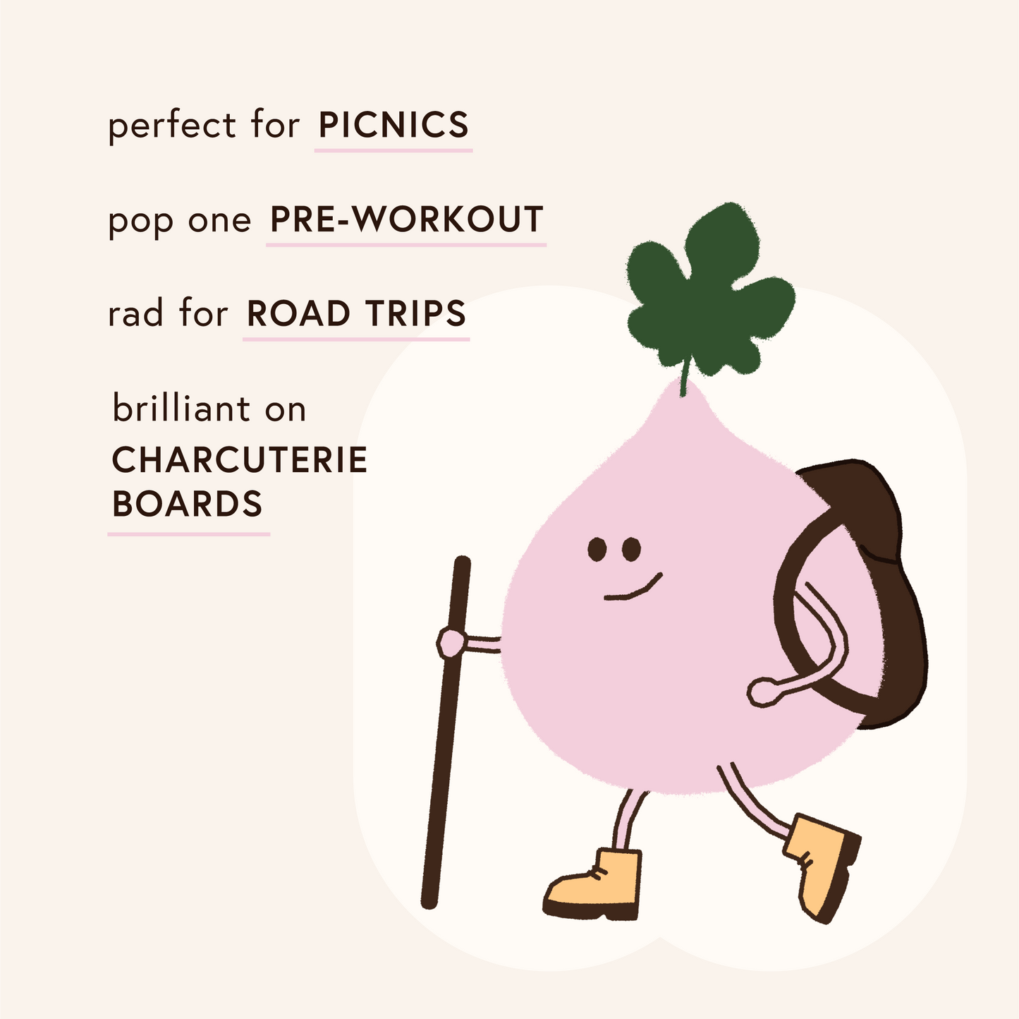 Cartoon fig character with text about its uses on a light pink background