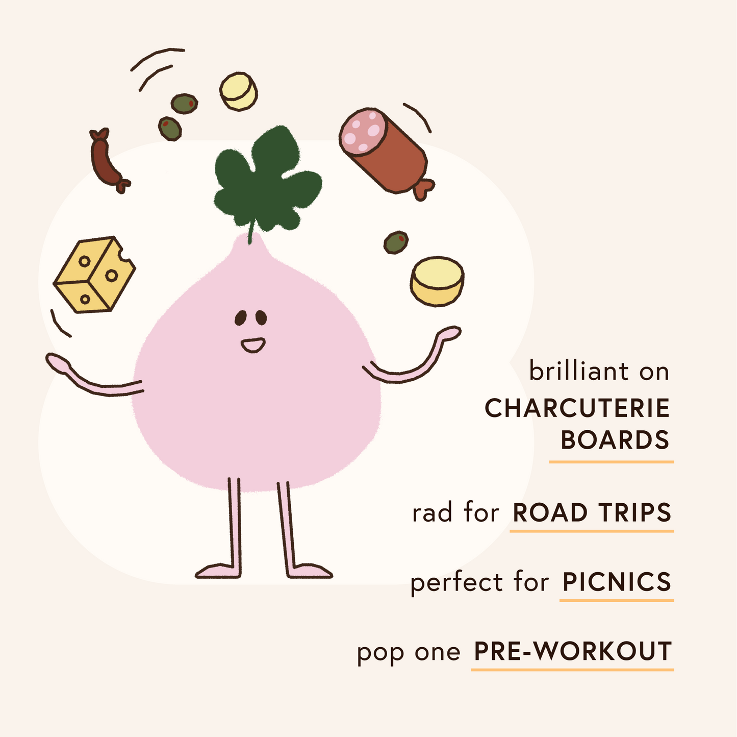 Cartoon fig character with food items on a white background, promoting its use on charcuterie boards.