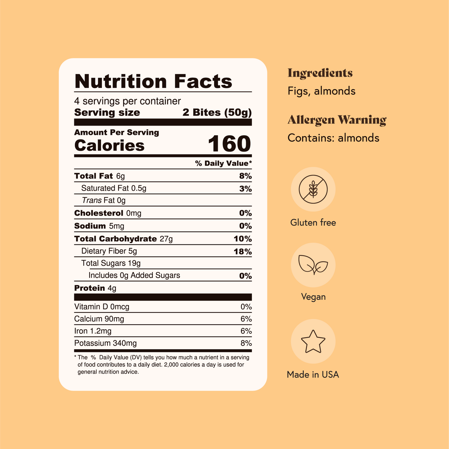 Nutrition facts label and ingredients list on a yellow background