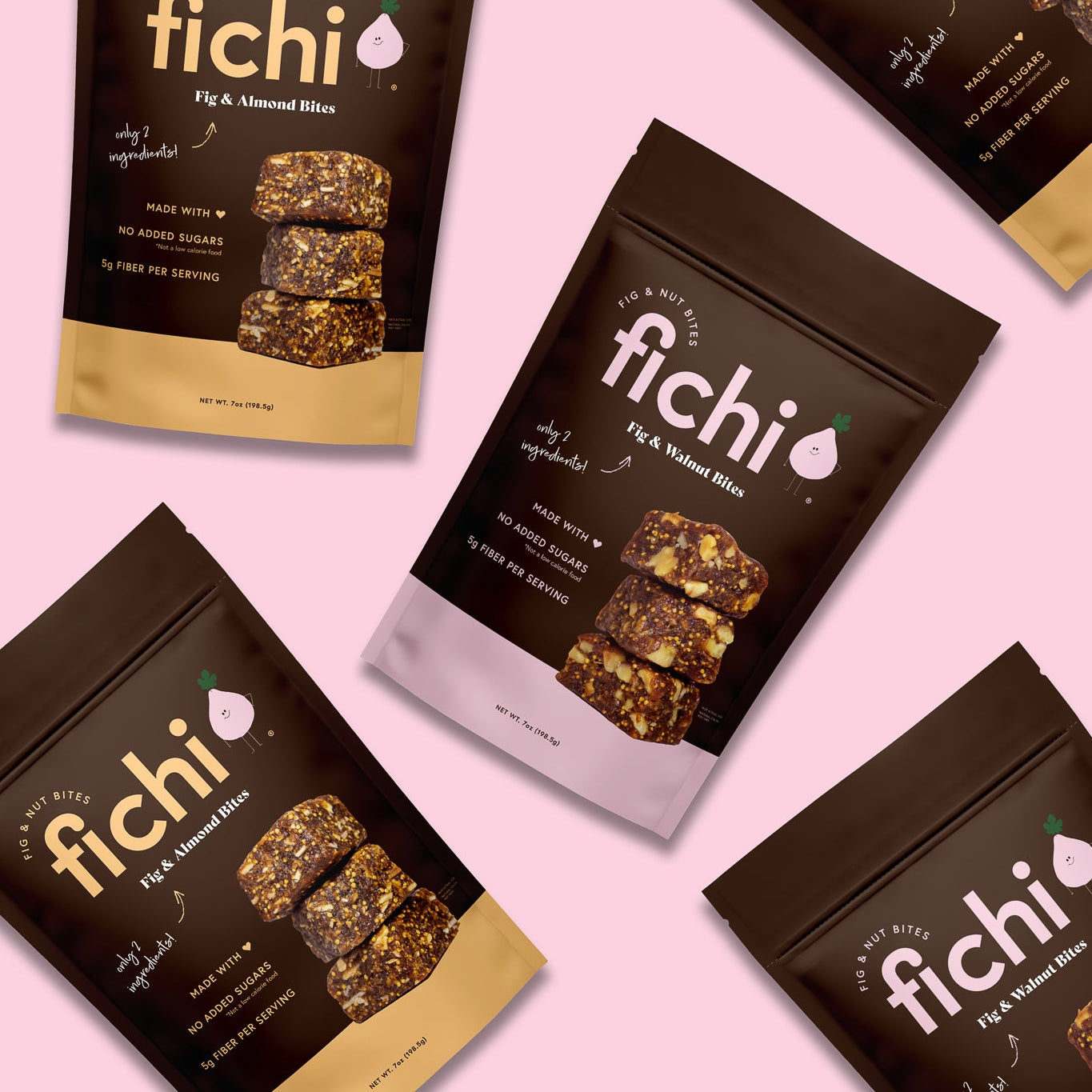 Fichi variety snack packages on a pink background.