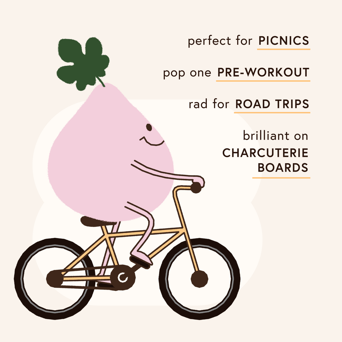 Illustration of a pink Cartoon Fig character on a bicycle with text about its uses.