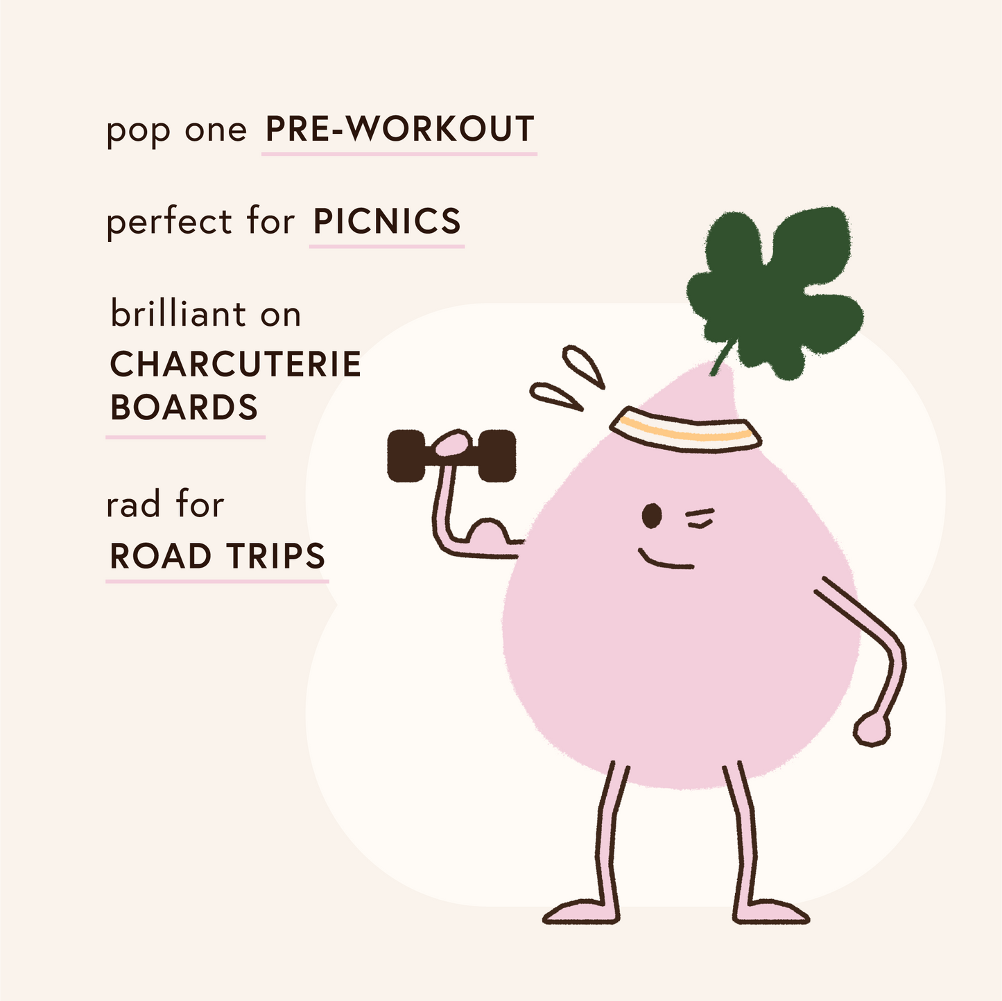 Cartoon fig character with a pink bubble and green leaf, holding dumbbells, on a light pink background with text about pre-workout pops.