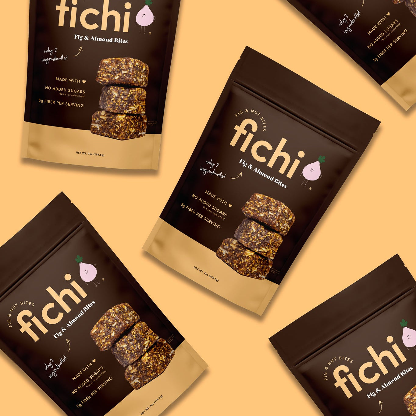 Fichi snack packages on a yellow background