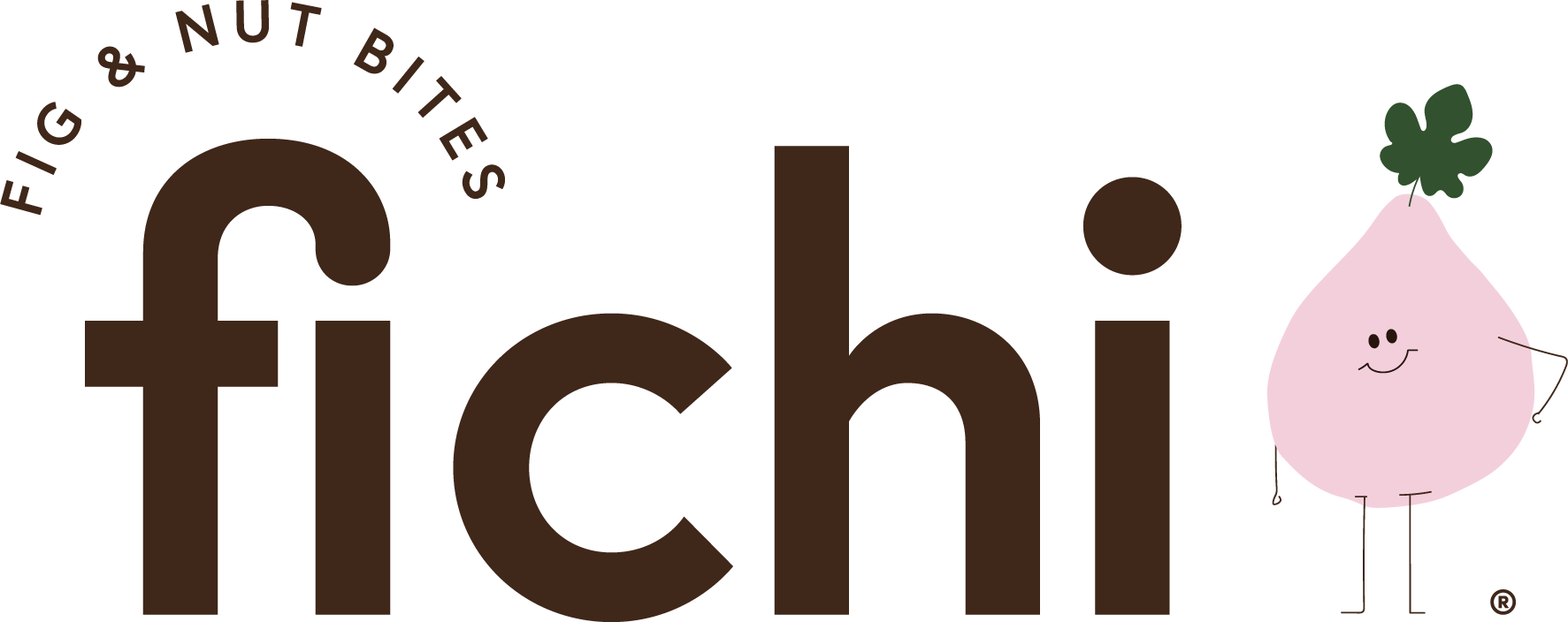 Fichi logo with a pink fig character on a white background