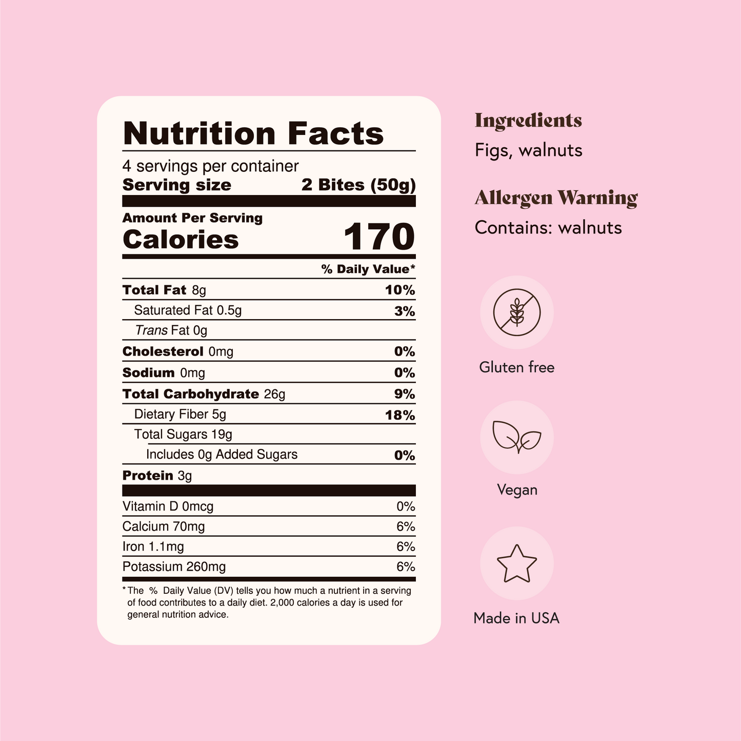 Nutrition facts label and ingredients list on a pink background