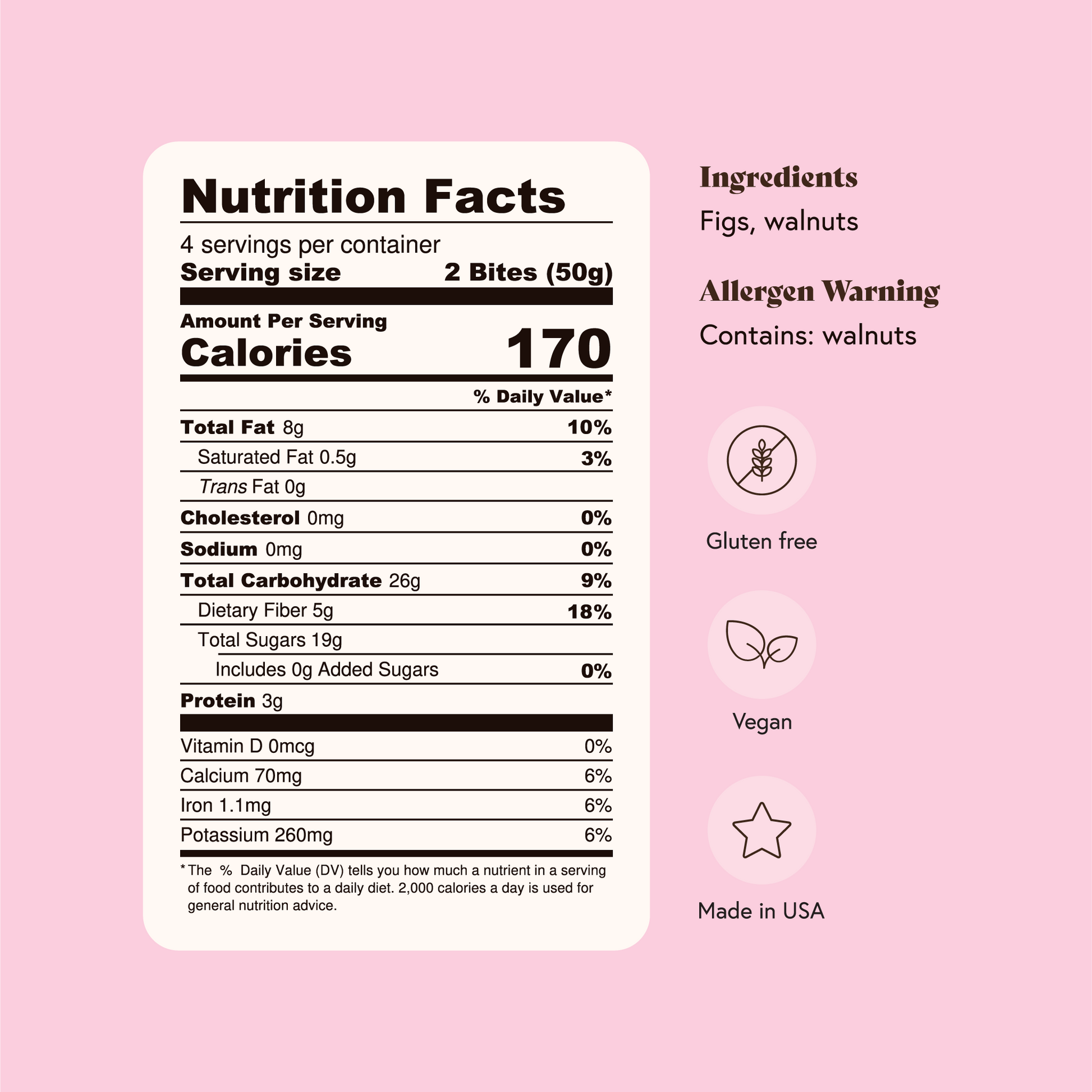 Nutrition facts label and ingredients list on a pink background
